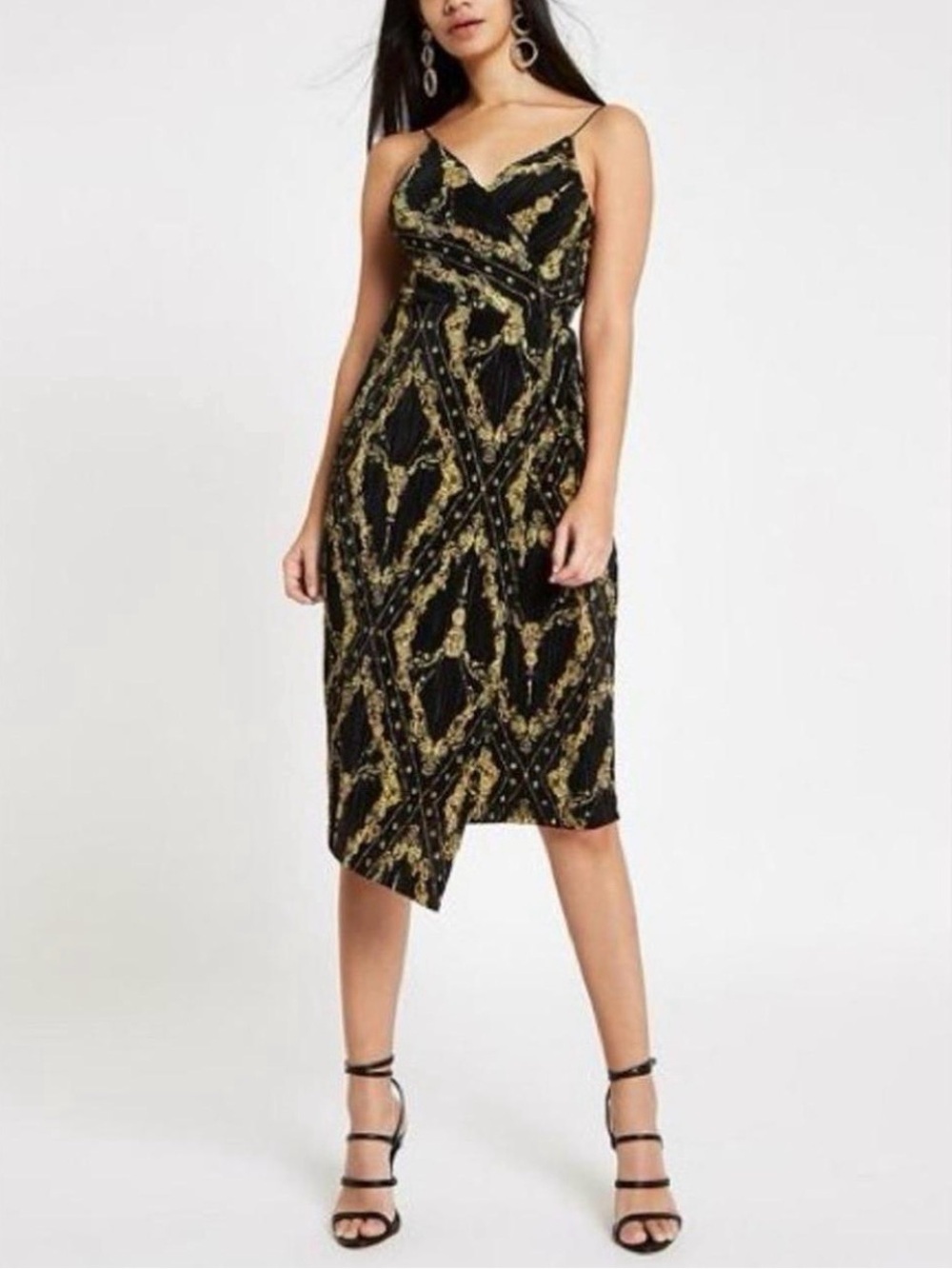 River Island Black Baroque Pleated Faux-Wrap Midi Dress - Size 16